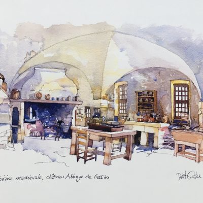 "Cuisine médiévale, château de Cassan" de Derek Corke.  Impression giclée – Papier Archival mat – encres de haute qualité résistantes à la décoloration pendant 100 ans.