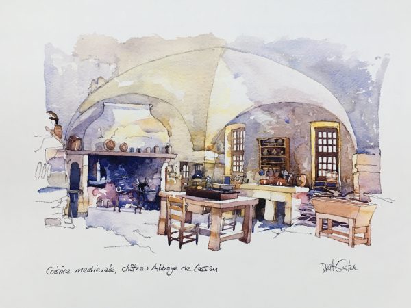"Cuisine médiévale, château de Cassan" de Derek Corke.  Impression giclée – Papier Archival mat – encres de haute qualité résistantes à la décoloration pendant 100 ans.