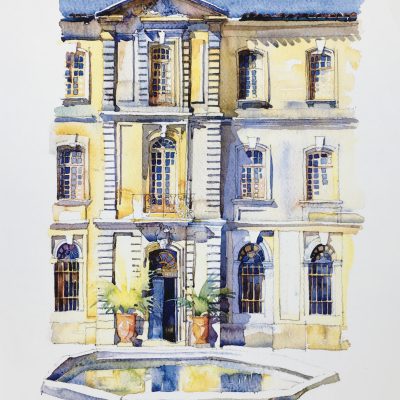 "Château de Cassan, façade Ouest" de Derek Corke.  Impression giclée – Papier Archival mat – encres de haute qualité résistantes à la décoloration pendant 100 ans.