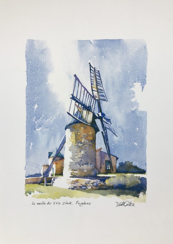 "Le moulin de Faugères" de Derek Corke. Impression giclée – Papier Archival mat – encres de haute qualité résistantes à la décoloration pendant 100 ans.