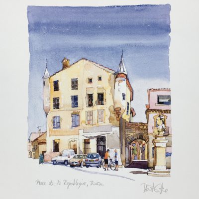 "Place de la république, Bassan" de Derek Corke. Impression giclée – Papier Archival mat – encres de haute qualité résistantes à la décoloration pendant 100 ans.