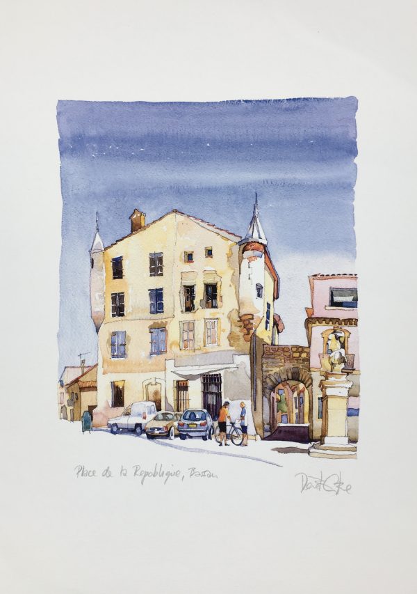 "Place de la république, Bassan" de Derek Corke. Impression giclée – Papier Archival mat – encres de haute qualité résistantes à la décoloration pendant 100 ans.