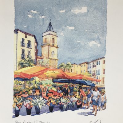 "Place du marché de Pézenas" de Derek Corke. Impression giclée – Papier Archival mat – encres de haute qualité résistantes à la décoloration pendant 100 ans.
