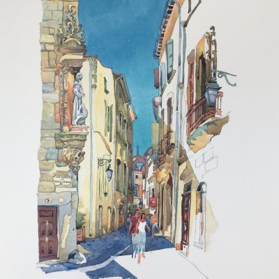 "Rue Alfred Sabatier, Pezenas" de Derek Corke.  Impression giclée – Papier Archival mat – encres de haute qualité résistantes à la décoloration pendant 100 ans.