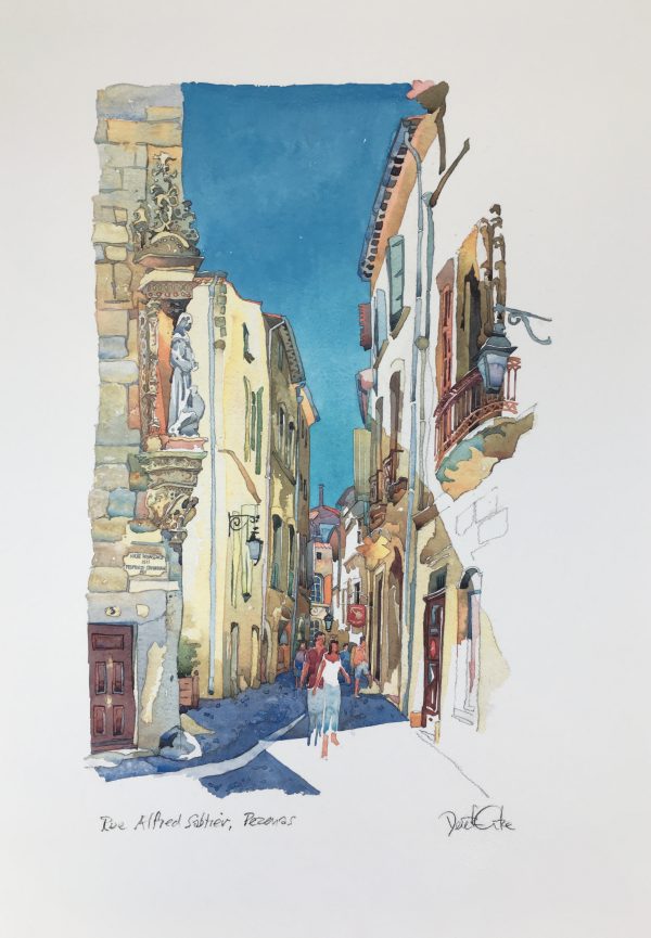"Rue Alfred Sabatier, Pezenas" de Derek Corke.  Impression giclée – Papier Archival mat – encres de haute qualité résistantes à la décoloration pendant 100 ans.
