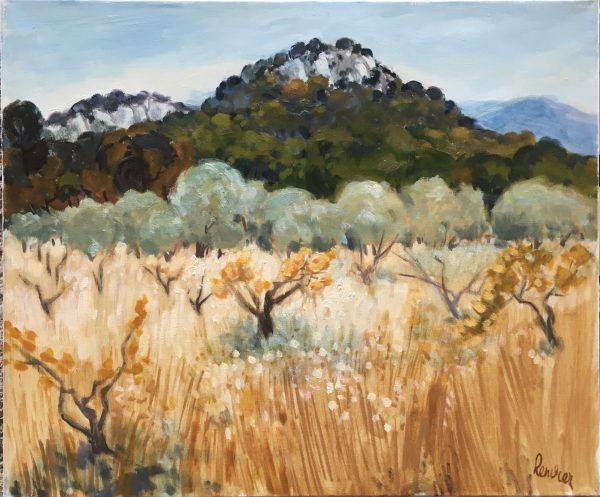 "Verger aux herbes blondes", huile sur toile de l'artiste Renvier.