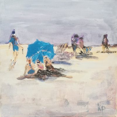 Plage, parasol bleu